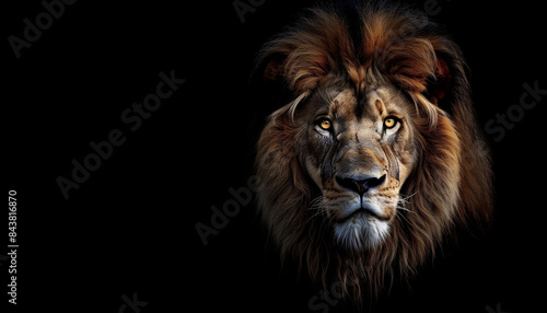A majestic lion with a striking mane and piercing golden eyes, set against a deep black background, highlighting its regal and powerful presence