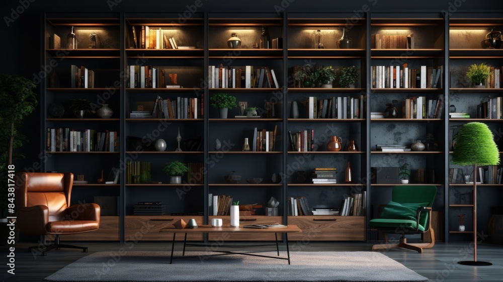 A modern office library with gray bookshelves, comfortable reading chairs, and a warm ambient lighting, A modern office library with gray bookshelves, comfortable reading chairs, and a warm ambient lighting,