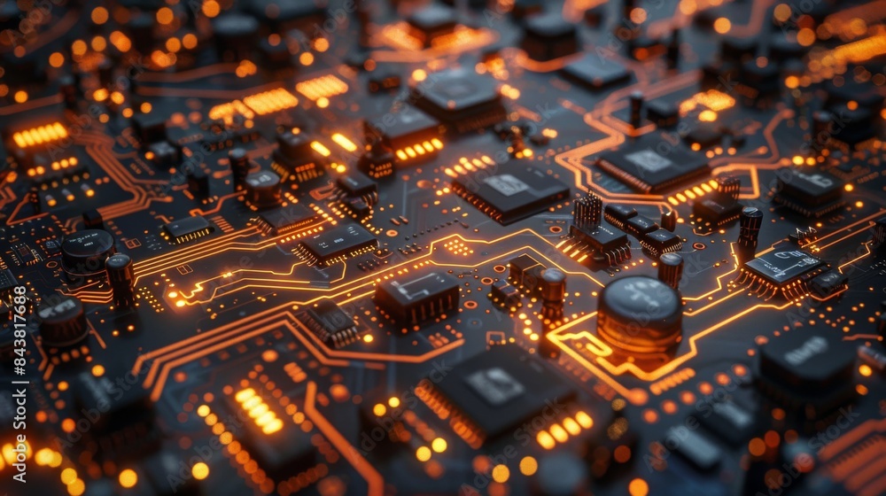 A network of circuit board lines and components forms a visually appealing representation of technological infrastructure. A network of circuit board lines and components forms a visually appealing representation of technological infrastructure.