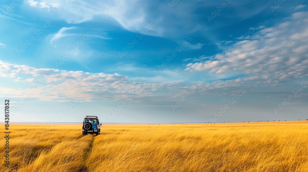 A lone car drives through a vast golden field under a bright blue sky. A lone car drives through a vast golden field under a bright blue sky.