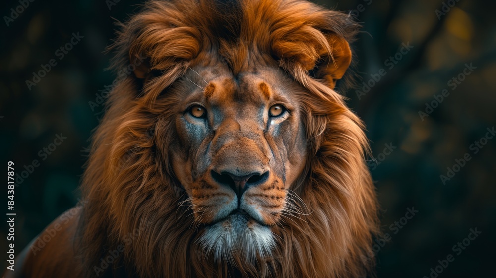 A majestic lion with an impressive mane stands against the backdrop of its natural habitat A majestic lion with an impressive mane stands against the backdrop of its natural habitat
