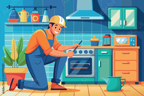 Master Poremotu is squatting in the kitchen. He is holding a tool and repairing the stove. The kitchen is equipped with cabinets, a hood over the stove, and hanging pans