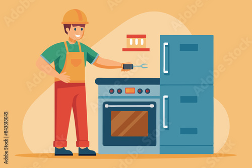 Master Poremotu is squatting in the kitchen. He is holding a tool and repairing the stove. The kitchen is equipped with cabinets, a hood over the stove, and hanging pans