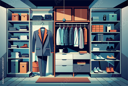 A neat closet with a variety of clothing items and accessories. There are shirts, jackets and suits hanging on hangers, several pairs of shoes on shelves, folded clothes in compartments 