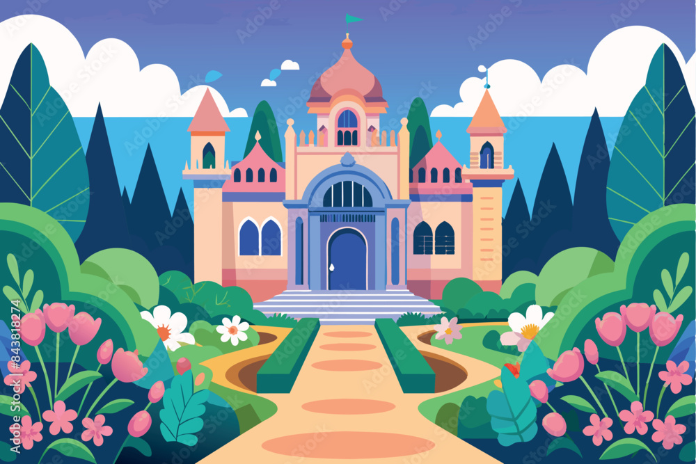 A majestic pink castle with a blue roof, located at the end of a straight path. It is surrounded by large green trees and in the background you can see undulating hills and clouds in the sky. A majestic pink castle with a blue roof, located at the end of a straight path. It is surrounded by large green trees and in the background you can see undulating hills and clouds in the sky.