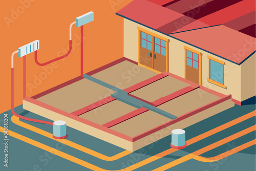 of a room under construction. Attention is given to the installation of the underfloor heating system. The pipes are connected to the central heating system.