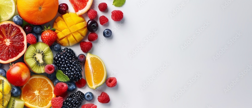A vibrant assortment of fresh fruits including mango, kiwi, orange, and berries on a white background, ideal for healthy and delicious diet concepts. A vibrant assortment of fresh fruits including mango, kiwi, orange, and berries on a white background, ideal for healthy and delicious diet concepts.