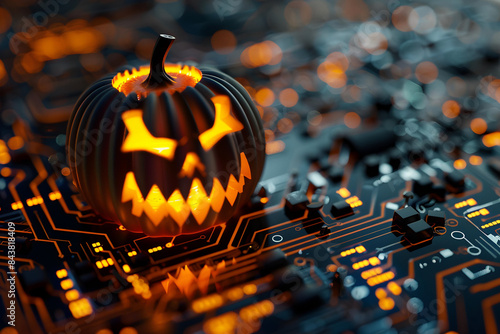 hardware circuit background with scary pumpkin lantern , halloween themed technology illustration 