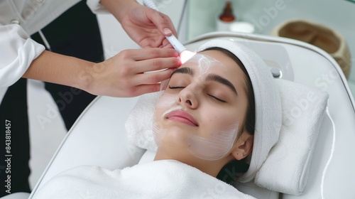 Photo of a woman lying on a massage table, a white towel wrapped around her head and shoulders, spa staff applying oil to her face with his hands in closeup,