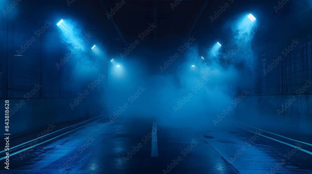 Dark empty street scene neon lights dark blue background Dark empty street scene neon lights dark blue background