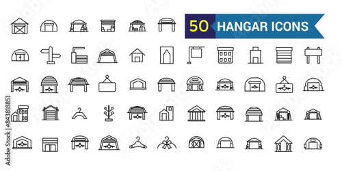 Hangar icons set. Outline set of hangar vector icons for ui design. Outline icon collection. Editable stroke.