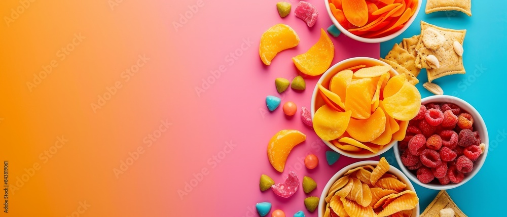 Colorful arrangement of various snacks and candies in bowls on vibrant pink and orange background with copy space.