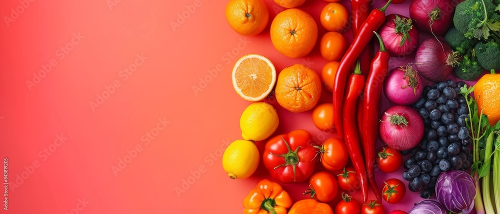 Colorful fresh fruits and vegetables on a vibrant orange gradient background, showcasing a healthy and diverse assortment of produce. Colorful fresh fruits and vegetables on a vibrant orange gradient background, showcasing a healthy and diverse assortment of produce.