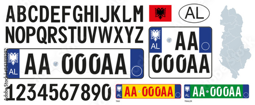 Albania car license plate pattern, letters, numbers and symbols, vector illustration