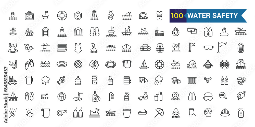 Water safety training icons set outline vector. Beach assistance. Outline icon collection. Editable stroke. Water safety training icons set outline vector. Beach assistance. Outline icon collection. Editable stroke.
