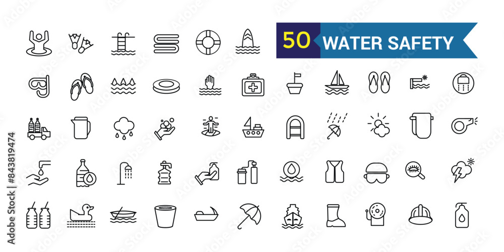 Water safety training icons set outline vector. Beach assistance. Outline icon collection. Editable stroke. Water safety training icons set outline vector. Beach assistance. Outline icon collection. Editable stroke.