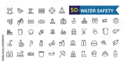 Water safety training icons set outline vector. Beach assistance. Outline icon collection. Editable stroke.