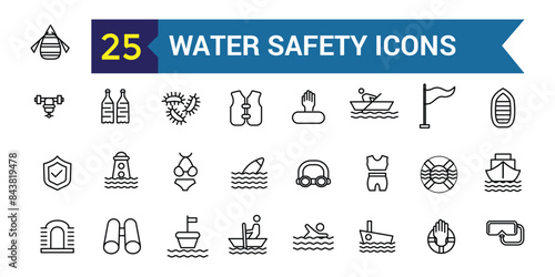 Water safety training icons set outline vector. Beach assistance. Outline icon collection. Editable stroke.