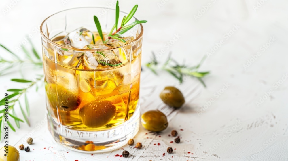 Refreshing cocktail with ice, olives, and rosemary on a white background, perfect for summer beverages or bar menus. Refreshing cocktail with ice, olives, and rosemary on a white background, perfect for summer beverages or bar menus.