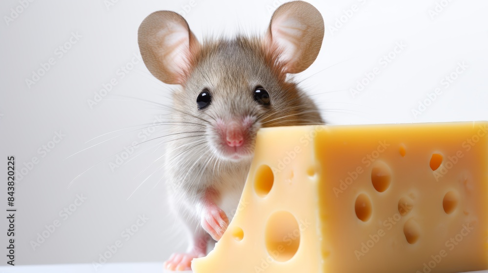 Fototapeta premium A realistic photo of a mouse nibbling on a piece of cheese on a clean white background, its whiskers and pink nose in focus.