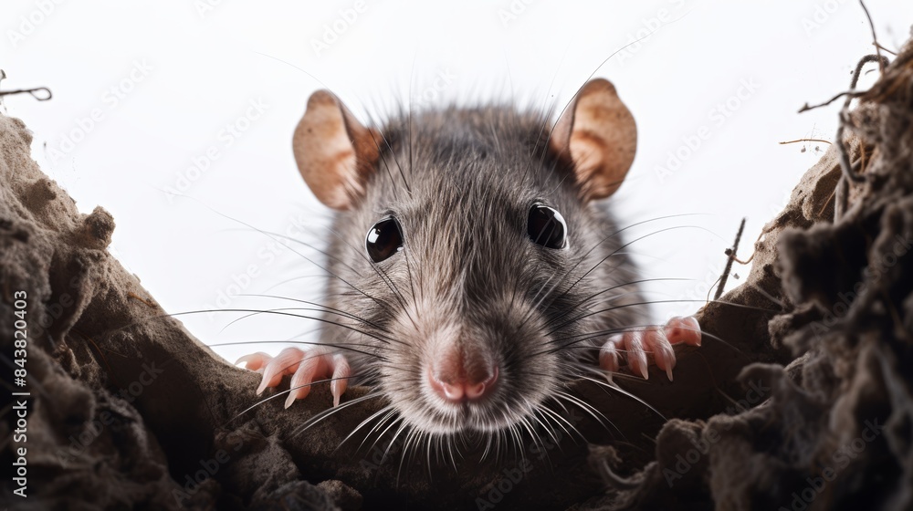 A realistic photo of a rat peering out from a hole on a clean white ...