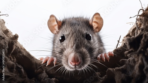 A realistic photo of a rat peering out from a hole on a clean white background, its coarse fur and beady eyes visible.