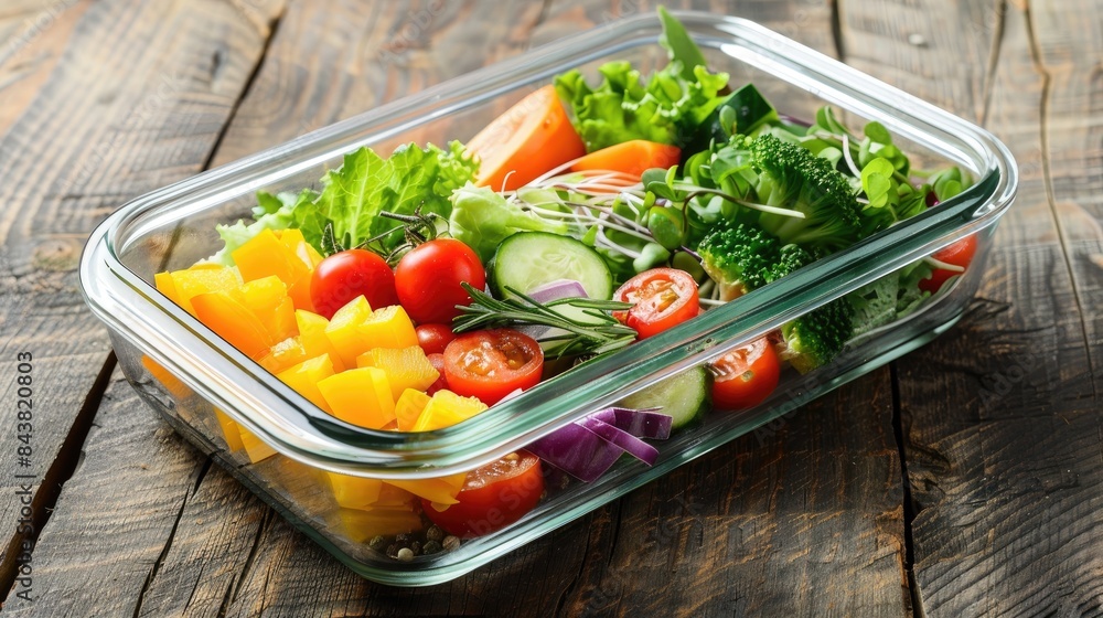 Assorted Vegetables and Salad in a Container on a Wood Surface Assorted Vegetables and Salad in a Container on a Wood Surface