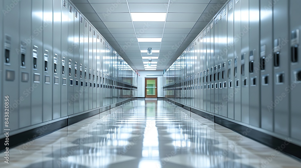 A row of grey lockers in a school hallway with a shiny tiled floor