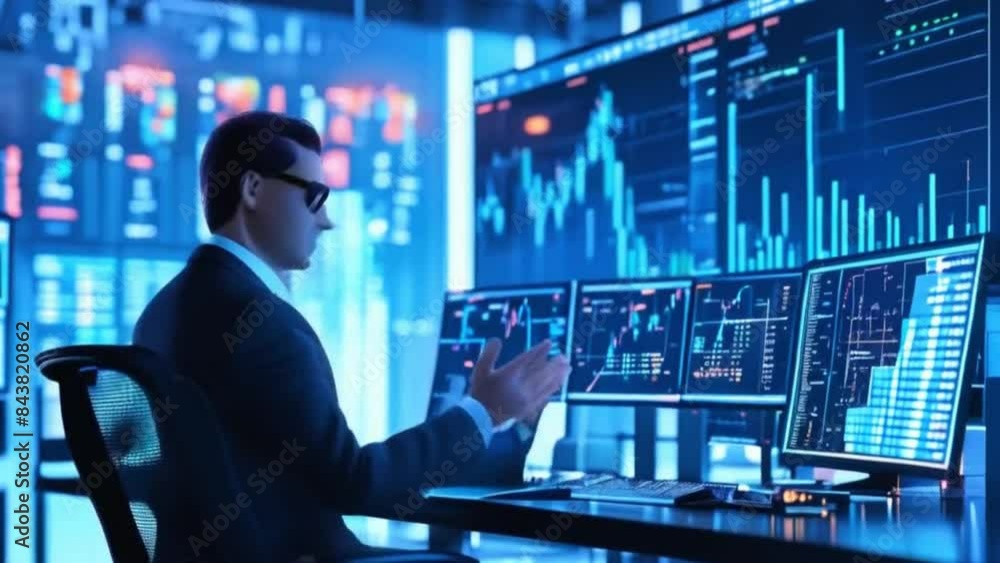 An animation illustrating high-quality AI applications in financial trading. It shows AI analyzing market data, executing trades, and optimizing investment strategies to maximize returns and minimize An animation illustrating high-quality AI applications in financial trading. It shows AI analyzing market data, executing trades, and optimizing investment strategies to maximize returns and minimize