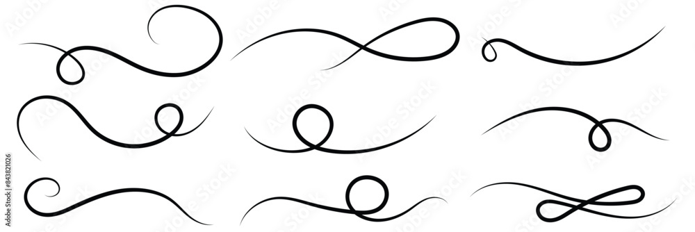 Hand drawn collection of curly swishes, swashes, swoops. Calligraphy swirl. Highlight text elements. Vector illustration. Hand drawn collection of curly swishes, swashes, swoops. Calligraphy swirl. Highlight text elements. Vector illustration.