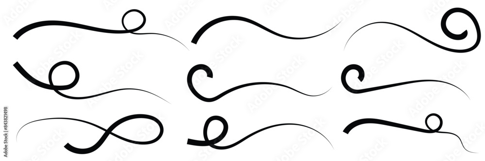 Hand drawn collection of curly swishes, swashes, swoops. Calligraphy swirl. Highlight text elements. Vector illustration. Hand drawn collection of curly swishes, swashes, swoops. Calligraphy swirl. Highlight text elements. Vector illustration.