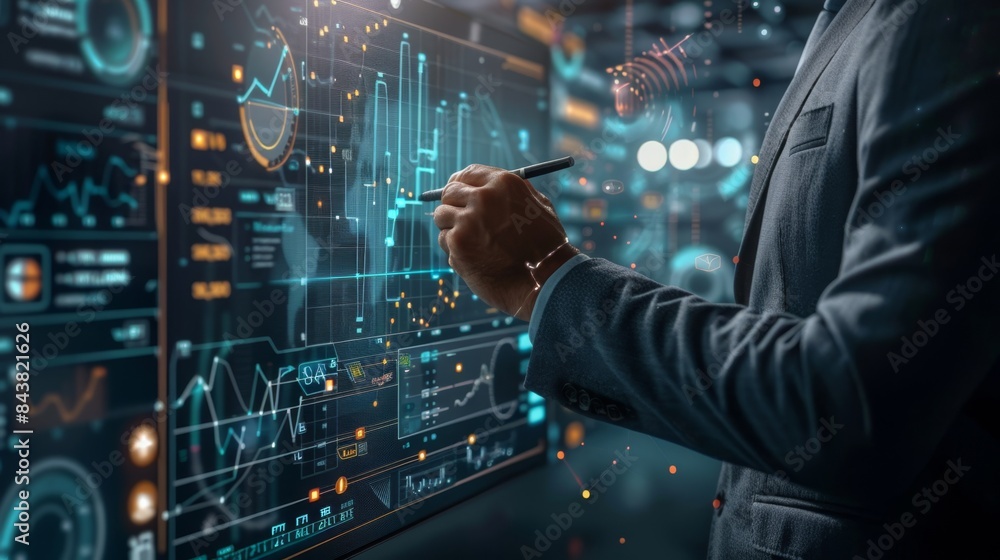 The businessman analyzing holographic data The businessman analyzing holographic data