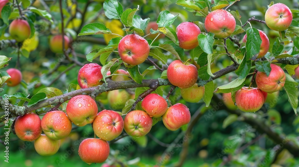 Apples hanging from a tree branch in an orchard Apples hanging from a tree branch in an orchard
