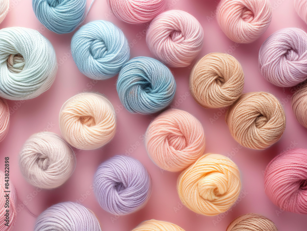 Pastel-colored yarn balls arranged neatly on a soft pink surface, ideal for knitting, crochet, and crafting projects. Pastel-colored yarn balls arranged neatly on a soft pink surface, ideal for knitting, crochet, and crafting projects.