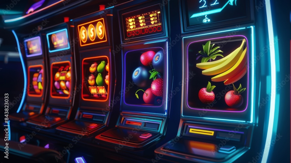Row of illuminated slot machines showing colorful fruit icons in a casino at night Row of illuminated slot machines showing colorful fruit icons in a casino at night