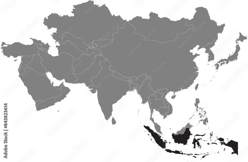 Highlighted black map of INDONESIA inside dark grey detailed blank political map of Asia using orthographic projection on transparent background, without Russia Highlighted black map of INDONESIA inside dark grey detailed blank political map of Asia using orthographic projection on transparent background, without Russia