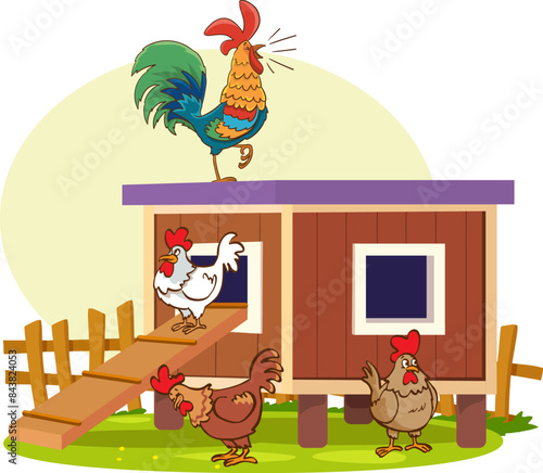 Chicken farm illustration with cock, hen, wooden perch, eggs, green bush and grass. Poultry organic farming background with chicken, rooster in cartoon flat style. Kids nature vector illustration
