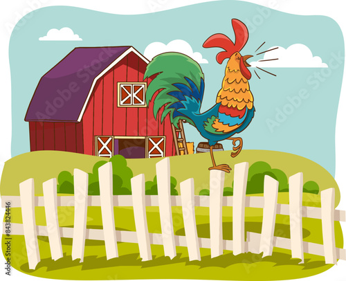 Chicken farm illustration with cock, hen, wooden perch, eggs, green bush and grass. Poultry organic farming background with chicken, rooster in cartoon flat style. Kids nature vector illustration