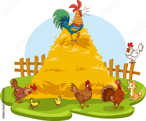 Chicken farm illustration with cock, hen, wooden perch, eggs, green bush and grass. Poultry organic farming background with chicken, rooster in cartoon flat style. Kids nature vector illustration