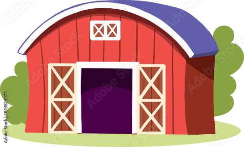 Farm red building. Farming and agriculture. Rural village and scene. Barn or home in sunny day. Sticker for social networks. Cartoon flat vector illustration isolated on white background