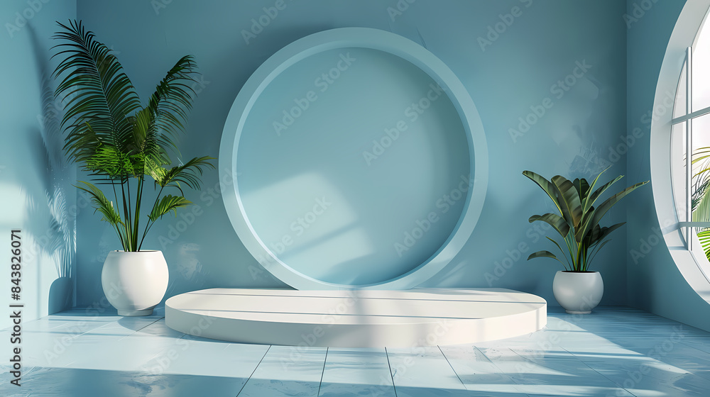Minimalist indoor scene with a circular podium, tropical plants, and soft natural light in a modern blue room. Minimalist indoor scene with a circular podium, tropical plants, and soft natural light in a modern blue room.
