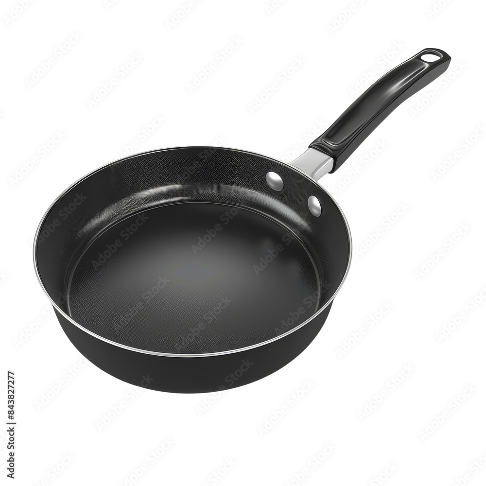A black frying pan with a black handle, isolated on a black background. The pan is brand new and ready for cooking. A black frying pan with a black handle, isolated on a black background. The pan is brand new and ready for cooking.