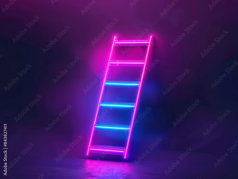 A glowing neon ladder against a dark smoky background, emitting a vibrant purple and blue light.