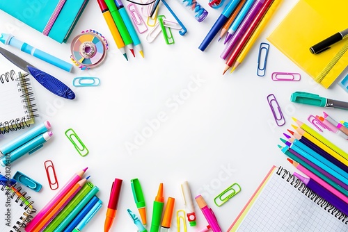 Colorful stationery items such as notebooks, markers, and sticky notes forming a border around a clean white surface