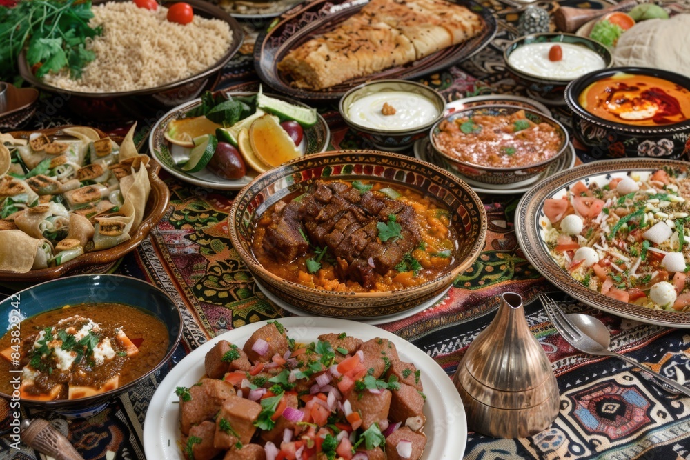 Several plates of food are on a table with a colorful table cloth, arabic traditional meal
