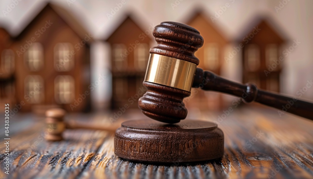 Wooden Gavel and Sound Block on Rustic Wooden Table with Model Houses in Background - Symbol of Law, Justice, and Real Estate Wooden Gavel and Sound Block on Rustic Wooden Table with Model Houses in Background - Symbol of Law, Justice, and Real Estate