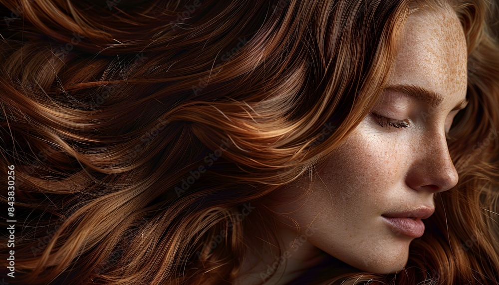 Fototapeta premium Close-up Portrait of a Young Woman with Long Flowing Red Hair and Freckles, Eyes Closed, in Soft Natural Light, Capturing Beauty and Serenity