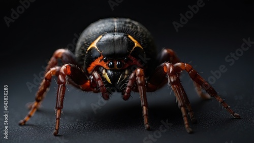 Venomous Black Widow Spider perched on a web, isolated on a black background. The lighting creates a creepy mood. © UZAIR
