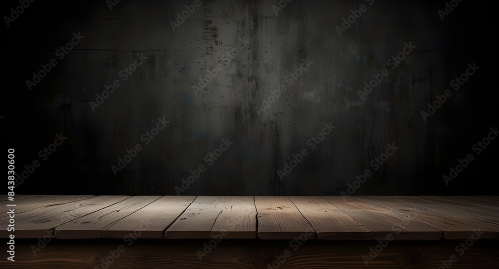 Old wood table with blurred concrete block wall in dark room background. Old wood table with blurred concrete block wall in dark room background.