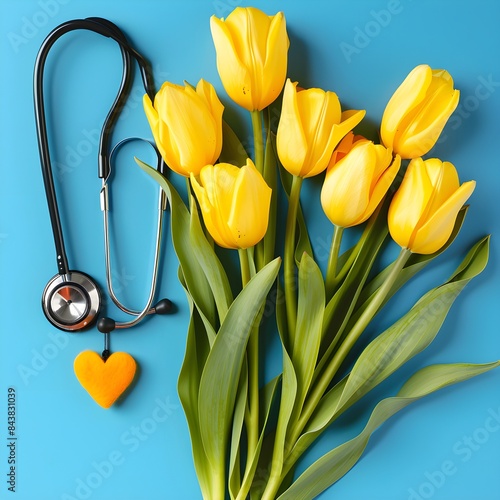 Bunch of yellow tulips with stethoscope and heart on the sky blue background 